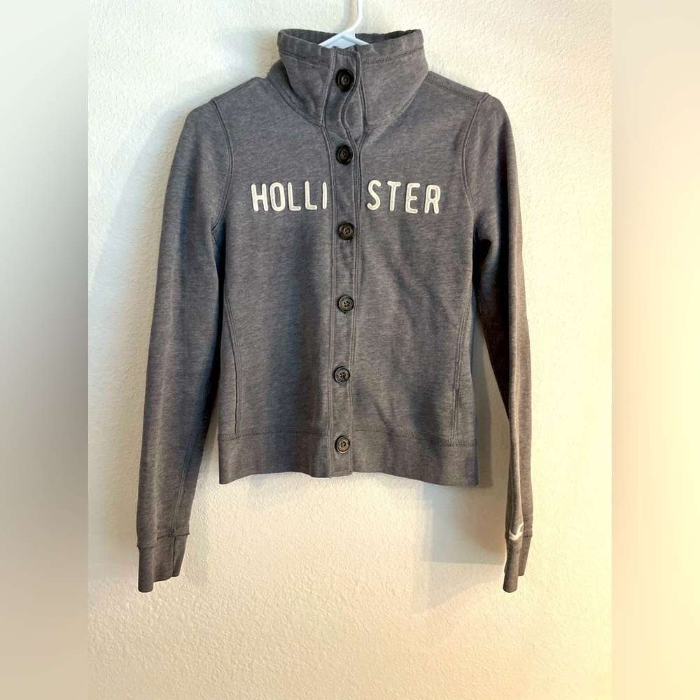 Hollister Y2K Gray Button-Up Jacket with white bold wording and logo size S